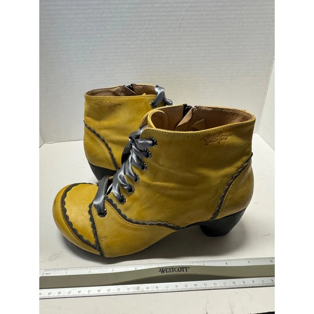 Pikolinos Yellow Leather Scalloped Ribbon Lace Up Ankle Boots Size 39 8.5